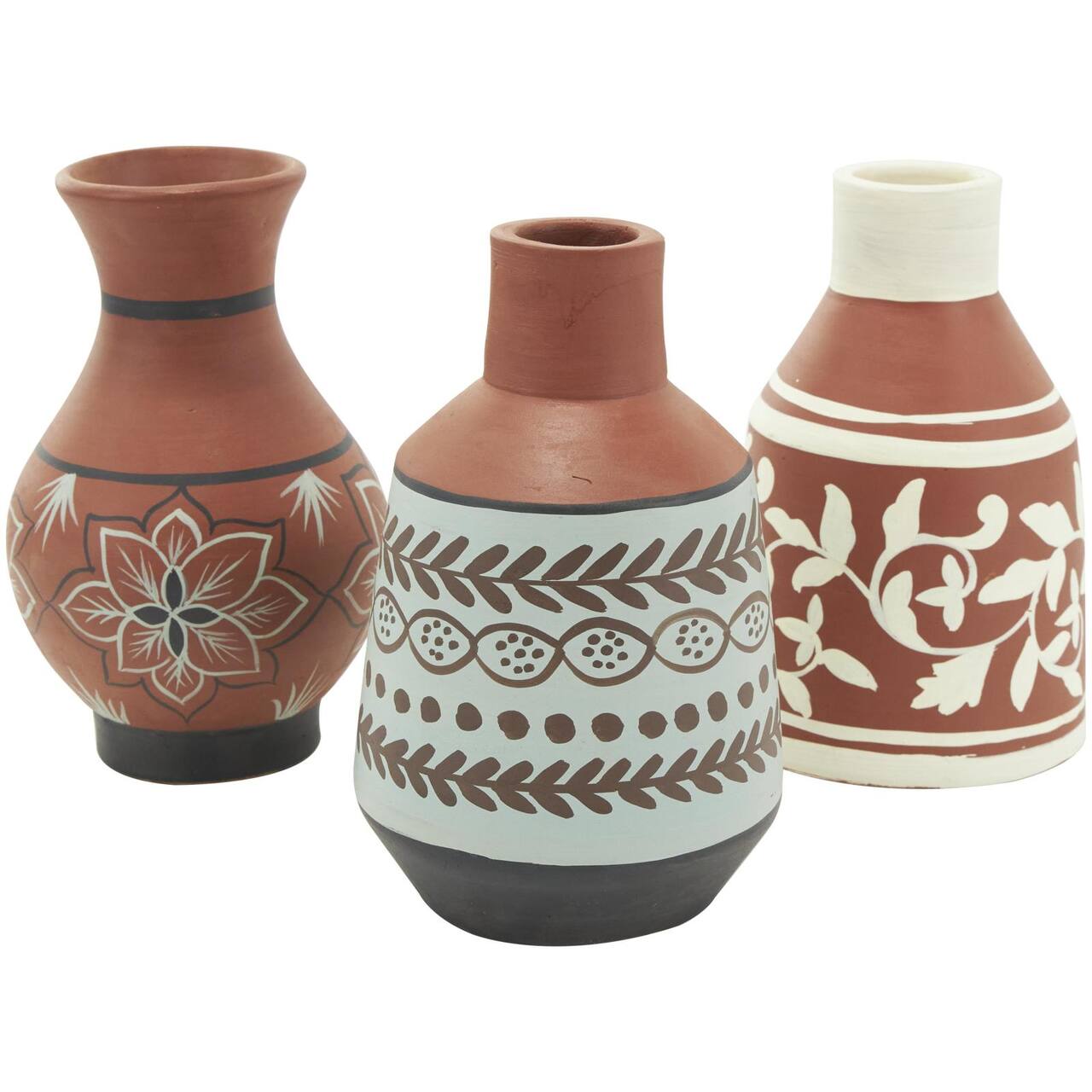 Orange Ceramic Floral Vase Set with 3 Different Patterns & Shapes